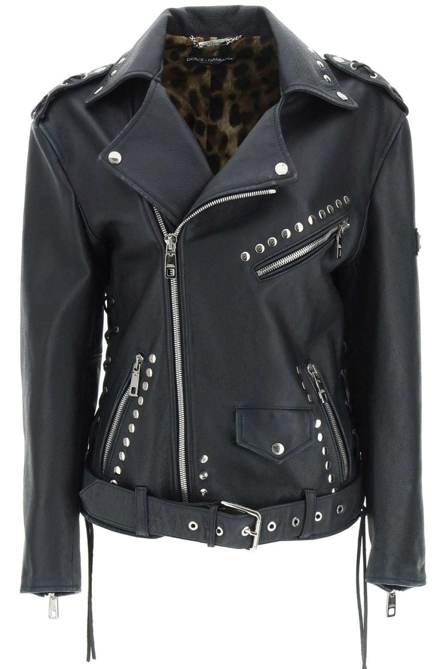 Women * | Leather Biker Jacket With Studs Dolce & Gabbana Tendy Style Black