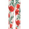 Women * | Wide Leg Poppy Print Shantung Trousers Dolce & Gabbana Latest White/Red