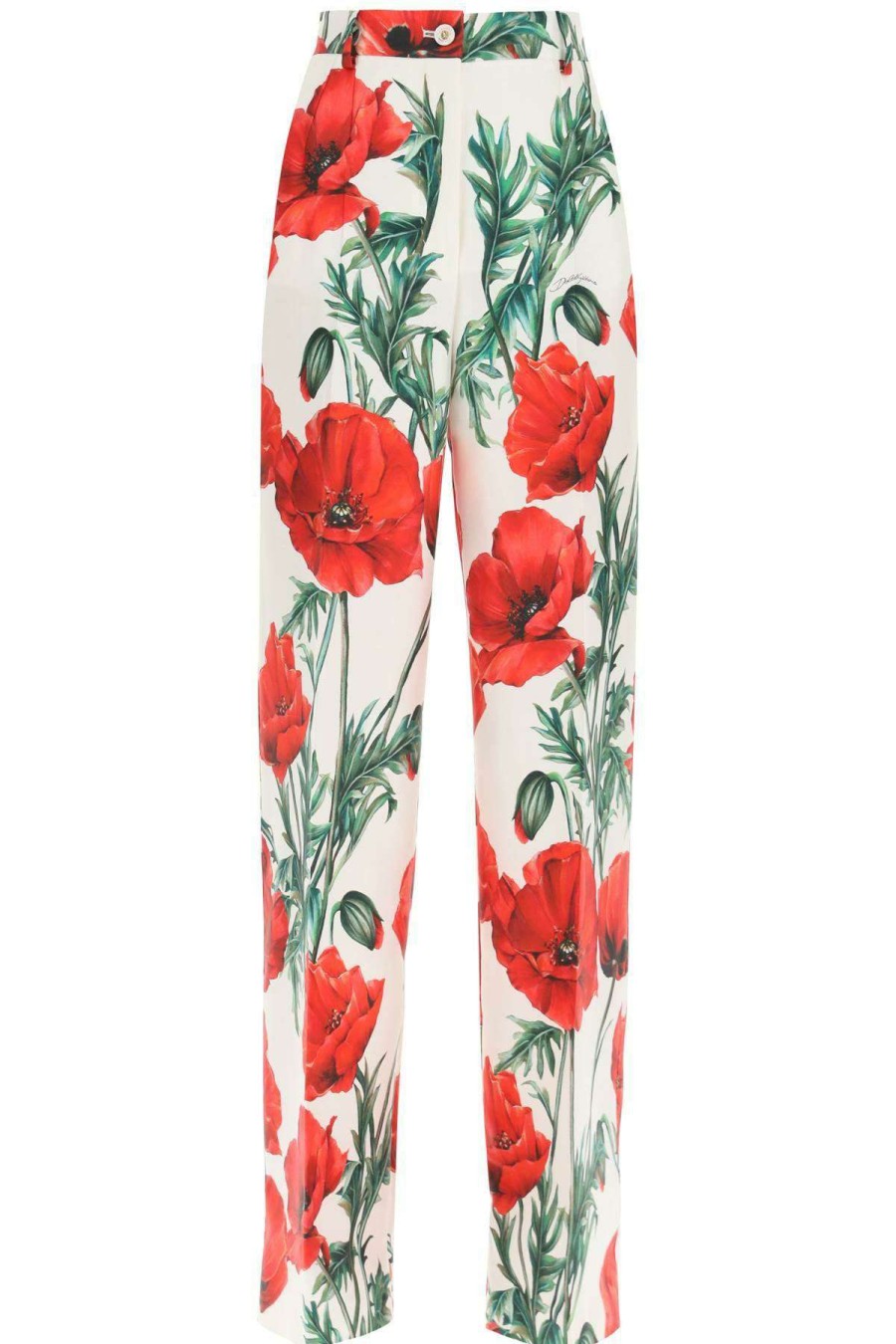 Women * | Wide Leg Poppy Print Shantung Trousers Dolce & Gabbana Latest White/Red