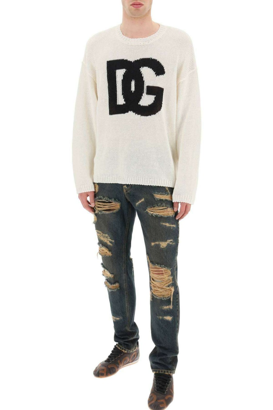 Men * | Crewneck Pullover With Jacquard Logo Dolce & Gabbana Limited Edition White