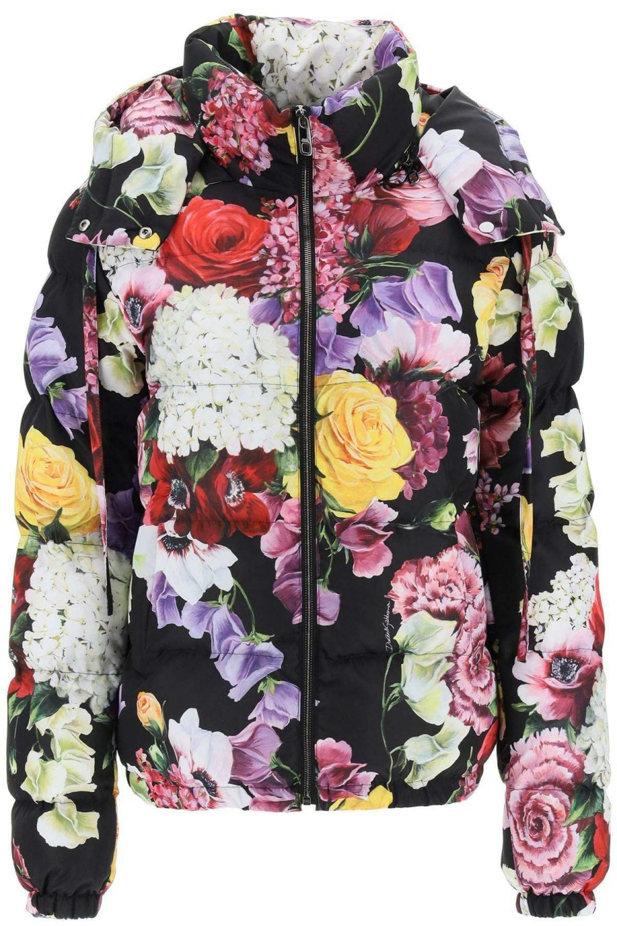 Women * | Short Hooded Puffer Jacket With Hydrangea And Flower Print Dolce & Gabbana Excellent Quality Black/Purple