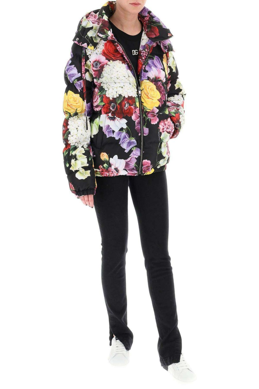 Women * | Short Hooded Puffer Jacket With Hydrangea And Flower Print Dolce & Gabbana Excellent Quality Black/Purple