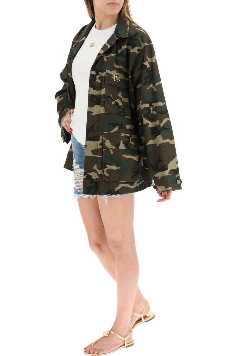 Women * | Camouflage Cotton Safari Jacket Dolce & Gabbana Excellent Quality Green/Brown/Khaki