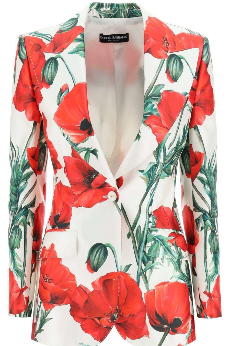 Women * | Poppy Print Shantung Turlington Jacket Dolce & Gabbana 100% Guarantee White/Red/Green