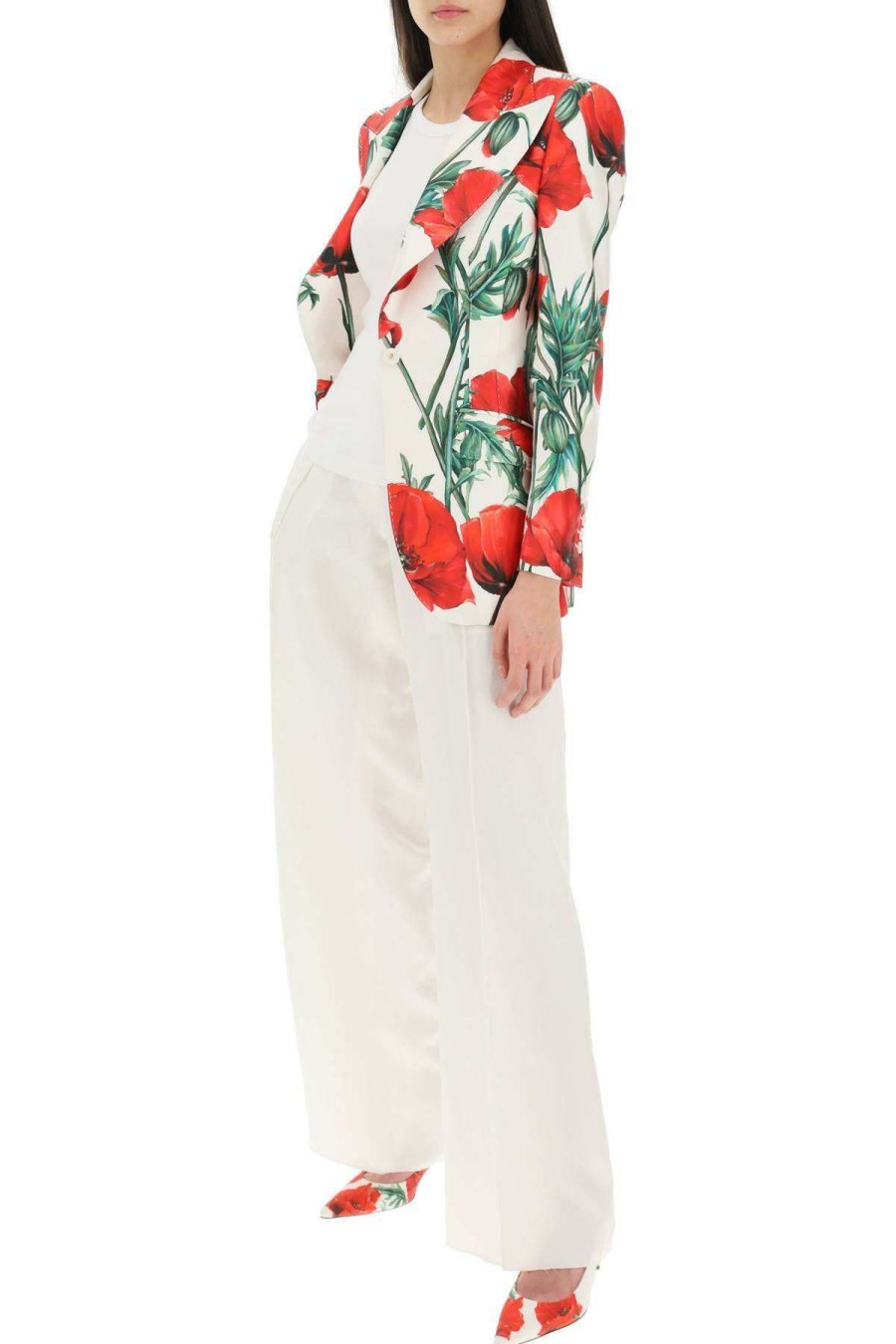 Women * | Poppy Print Shantung Turlington Jacket Dolce & Gabbana 100% Guarantee White/Red/Green