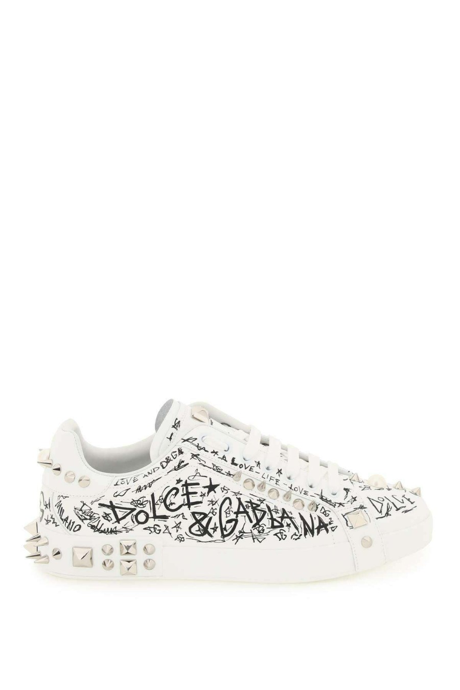 Men * | Leather Portofino Sneakers With Studs Dolce & Gabbana Hot Selling White/Black