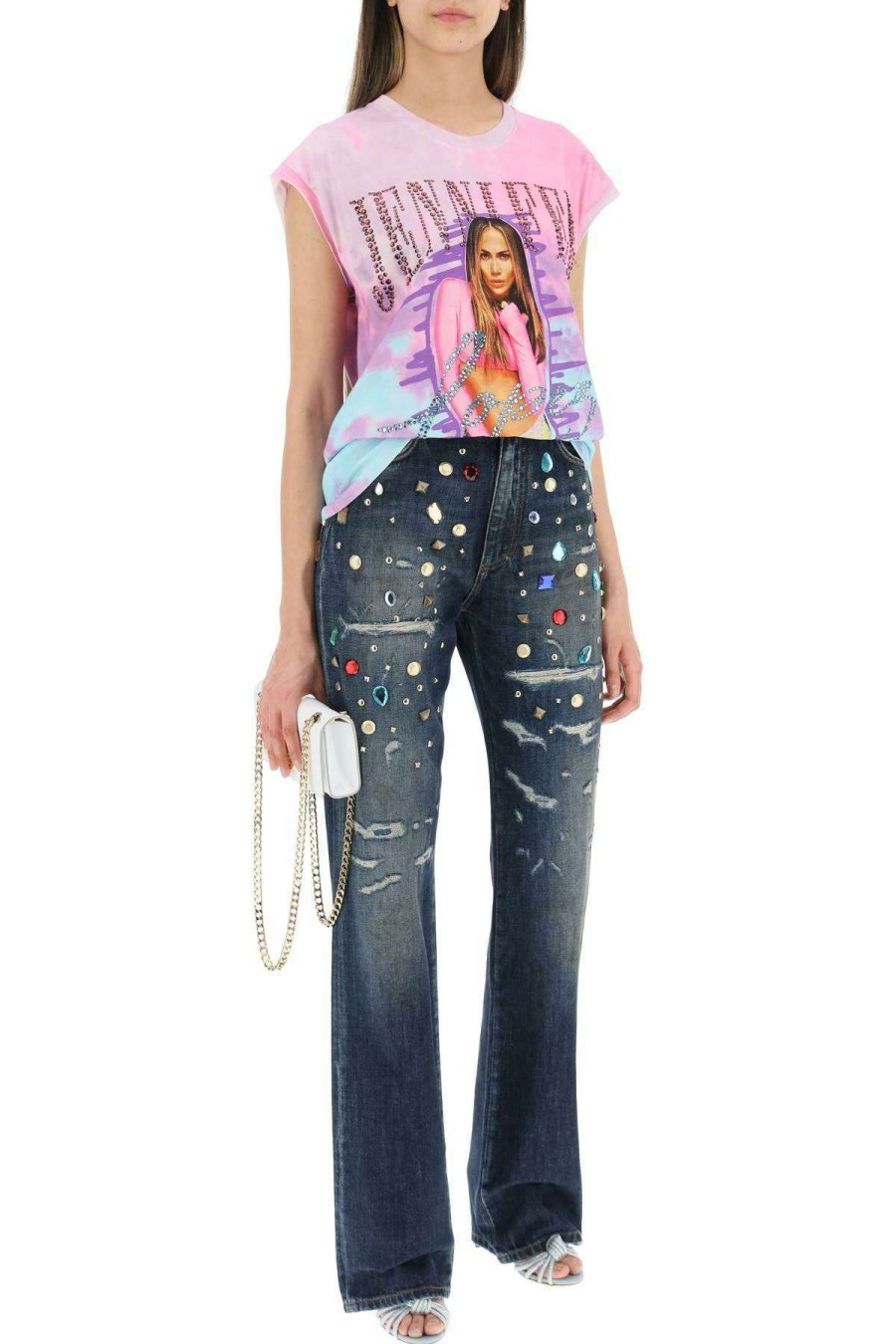 Women * | J.Lo Tie-Dye T-Shirt With Crystals Dolce & Gabbana Original Pink/Light Blue/Purple