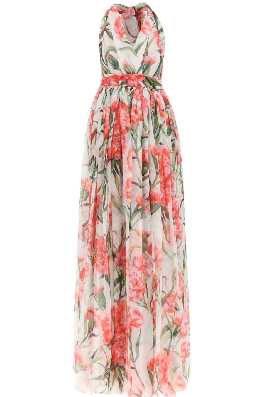 Women * | Carnation Print Long Silk Dress Dolce & Gabbana Online Sales White/Pink