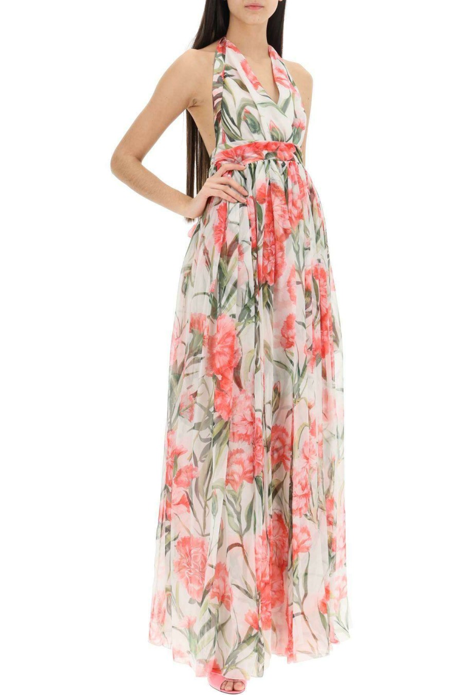 Women * | Carnation Print Long Silk Dress Dolce & Gabbana Online Sales White/Pink