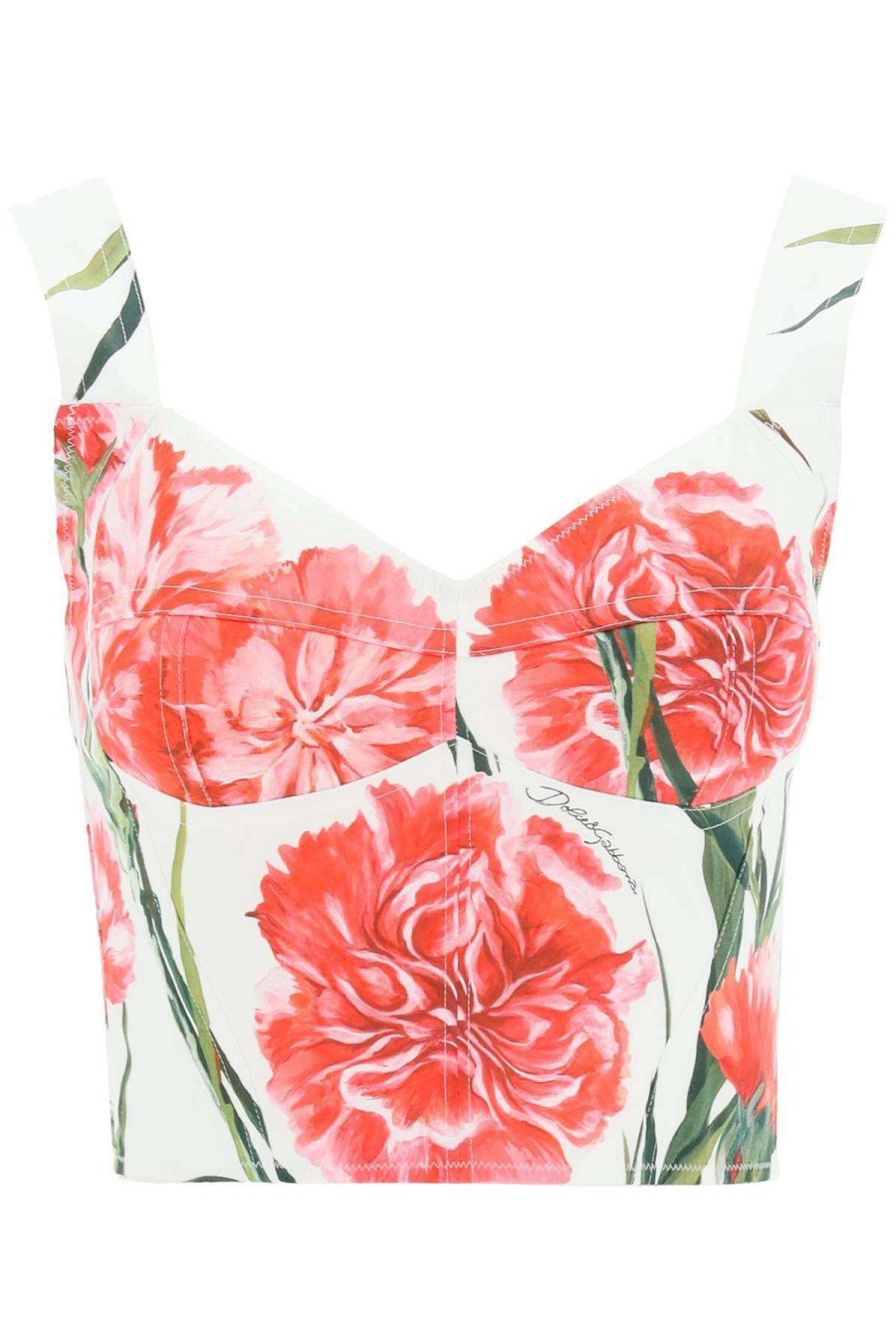 Women * | Carnation Print Cotton Bustier Top Dolce & Gabbana Online Store White/Fuchsia