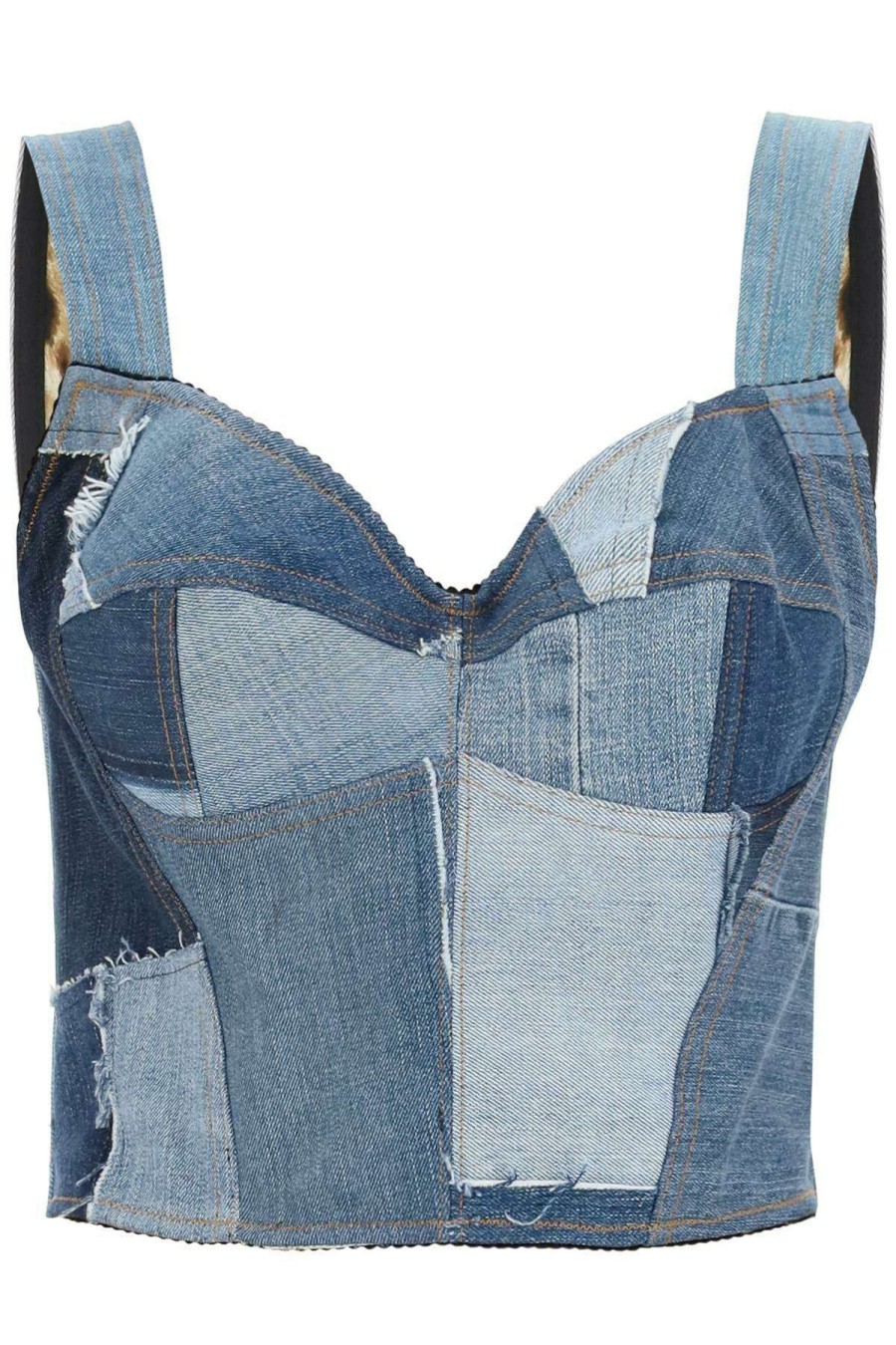 Women * | Patchwork Denim Bustier Top Dolce & Gabbana Store Blue