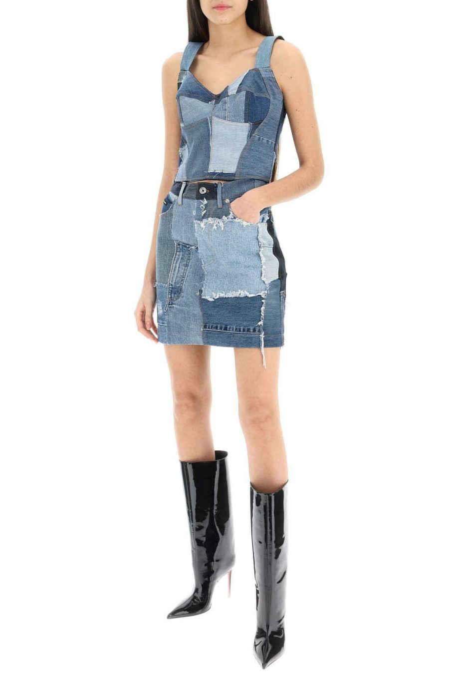 Women * | Patchwork Denim Bustier Top Dolce & Gabbana Store Blue