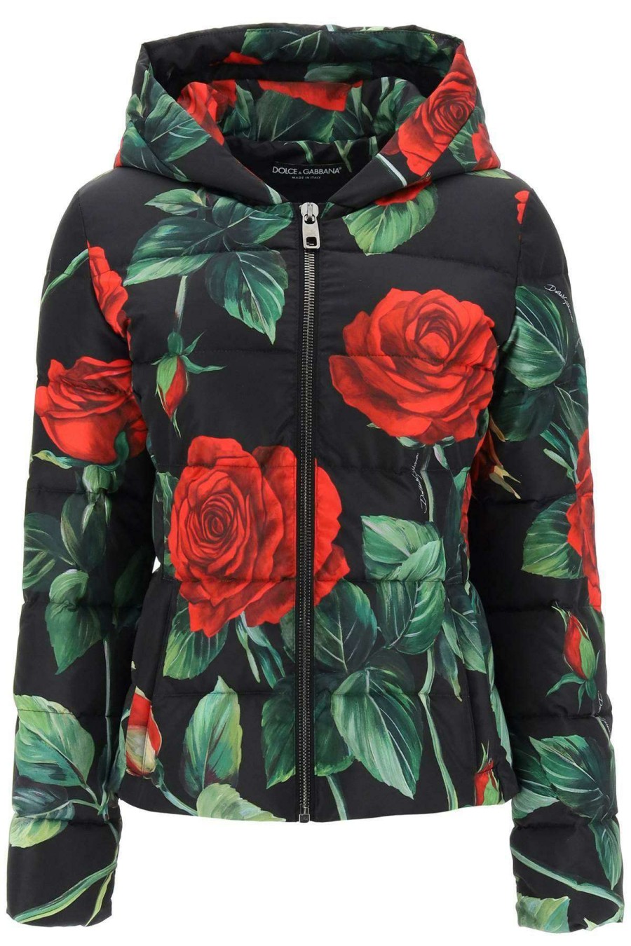 Women * | Red Rose Print Hooded Puffer Jacket Dolce & Gabbana Outlet Black/Red/Green