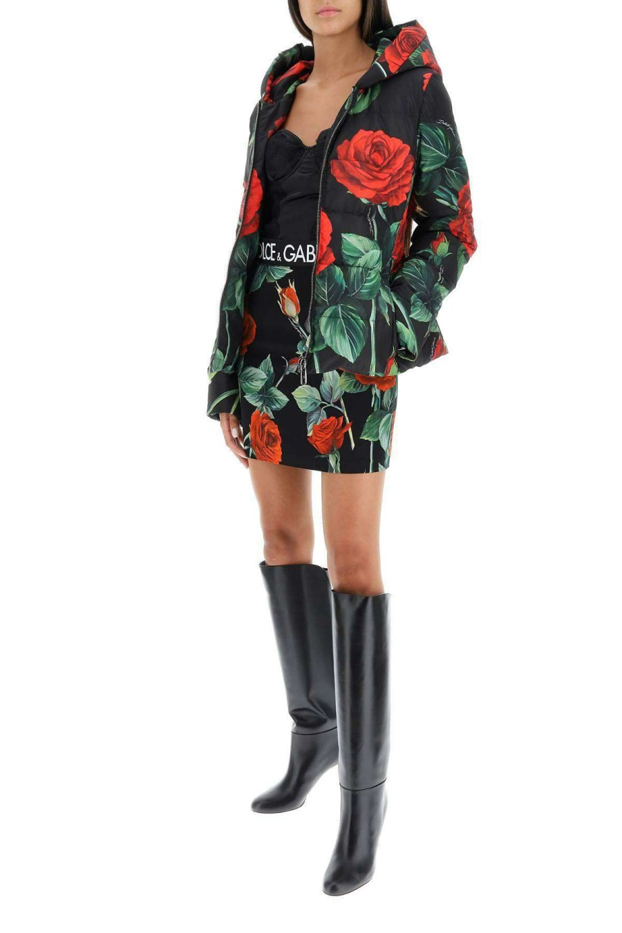 Women * | Red Rose Print Hooded Puffer Jacket Dolce & Gabbana Outlet Black/Red/Green