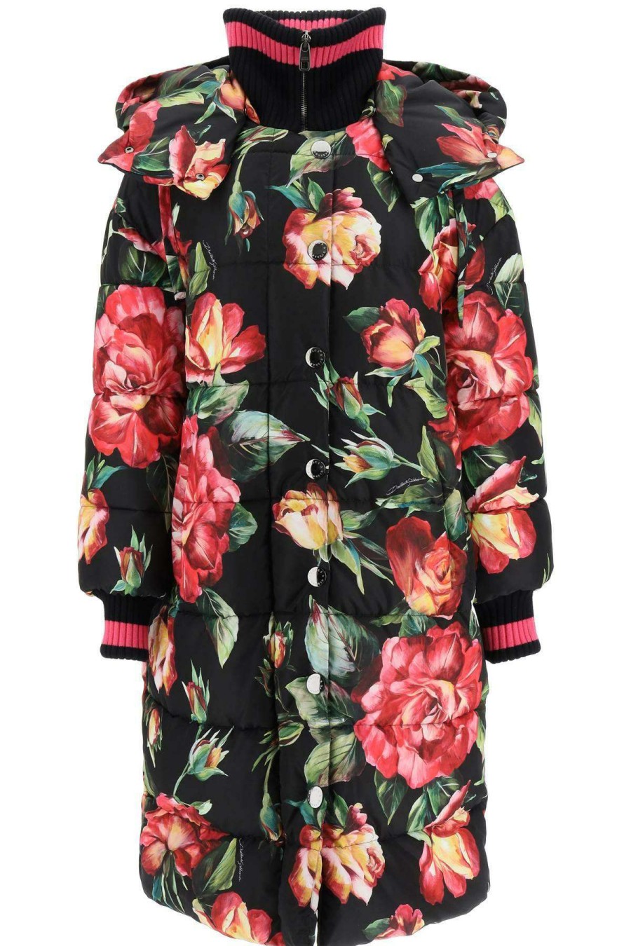 Women * | Rose Print Long Puffer Jacket Dolce & Gabbana Attractive Black/Pink/Green