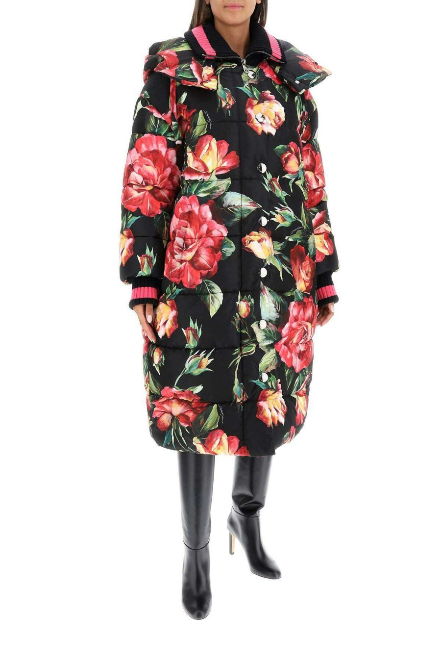 Women * | Rose Print Long Puffer Jacket Dolce & Gabbana Attractive Black/Pink/Green