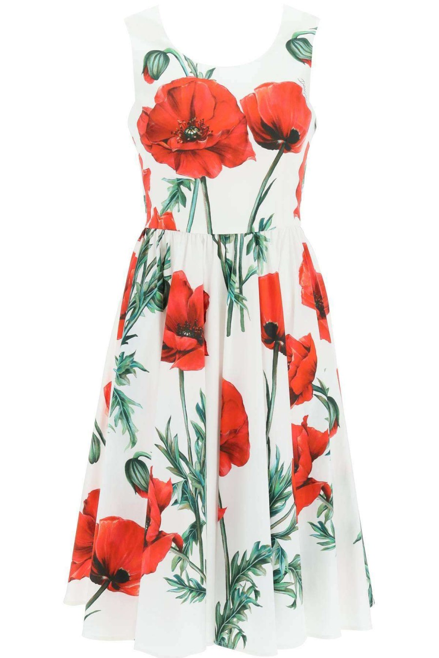 Women * | Popeline Midi Dress All-Over Poppy Print Dolce & Gabbana Special Style White/Red/Green