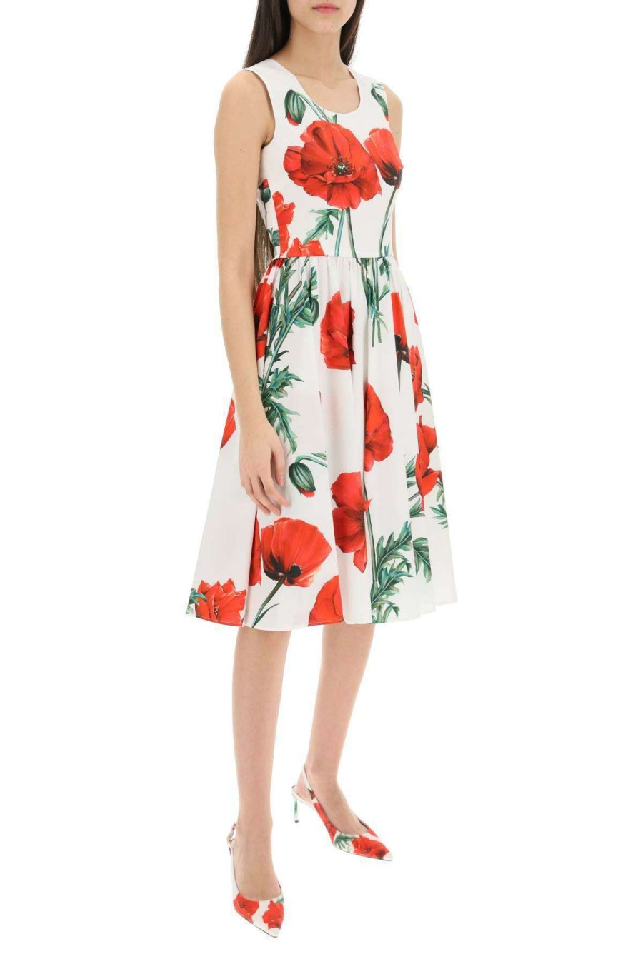 Women * | Popeline Midi Dress All-Over Poppy Print Dolce & Gabbana Special Style White/Red/Green