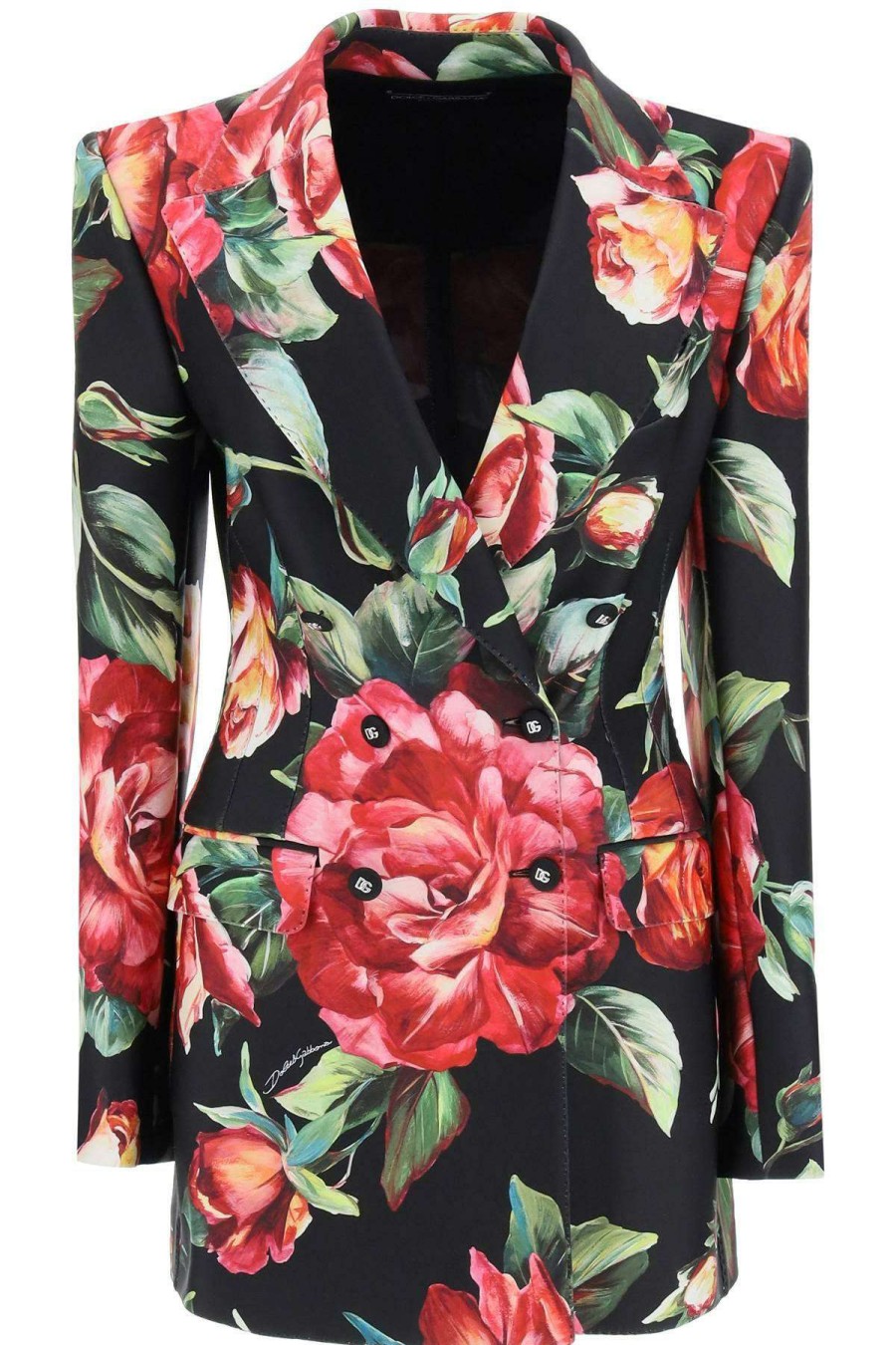 Women * | Double-Breasted Blazer In Rose Print Jersey Dolce & Gabbana Online Black/Green/Pink