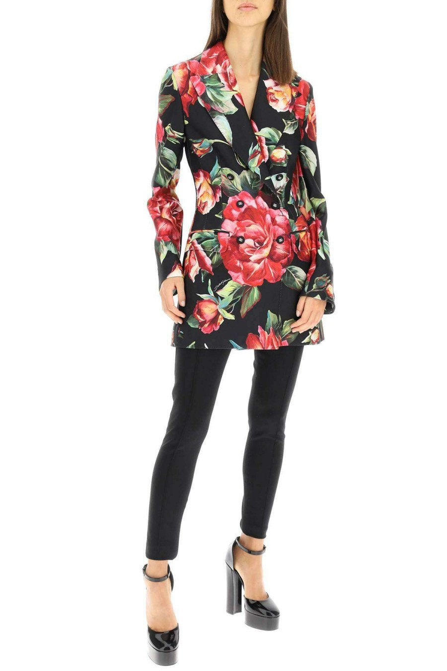 Women * | Double-Breasted Blazer In Rose Print Jersey Dolce & Gabbana Online Black/Green/Pink