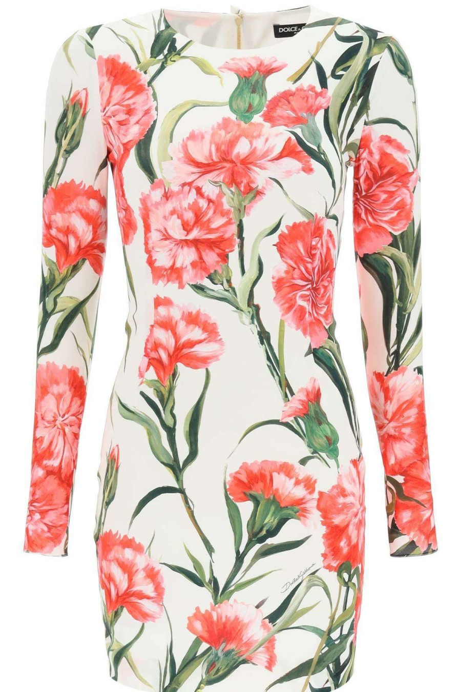 Women * | Long-Sleeved Sheath Dress Carnation Print Dolce & Gabbana Gift Selection White/Pink/Green