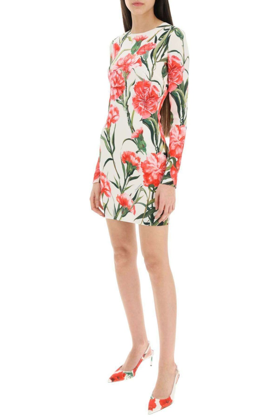 Women * | Long-Sleeved Sheath Dress Carnation Print Dolce & Gabbana Gift Selection White/Pink/Green