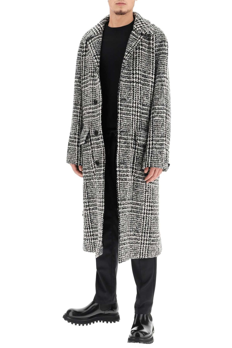 Men * | Glen Plaid Wool Coat Dolce & Gabbana Special Style White/Black