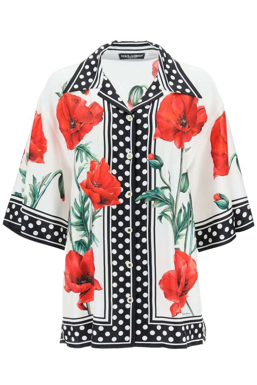 Women * | Short-Sleeved Silk Shirt With Poppy And Polka Dot Print Dolce & Gabbana Original White/Red