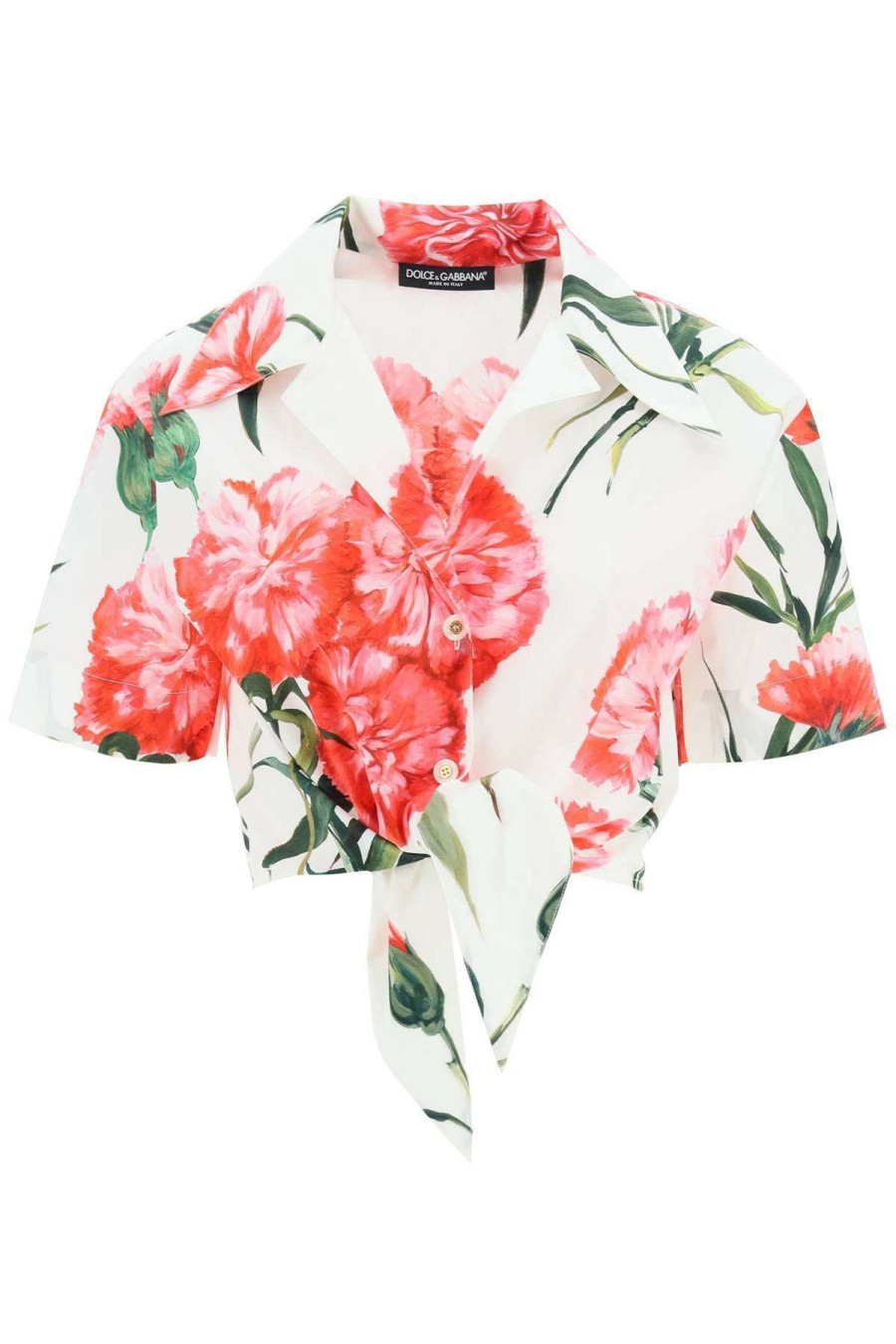 Women * | Carnation Print Cotton Cropped Shirt Dolce & Gabbana Original White/Pink