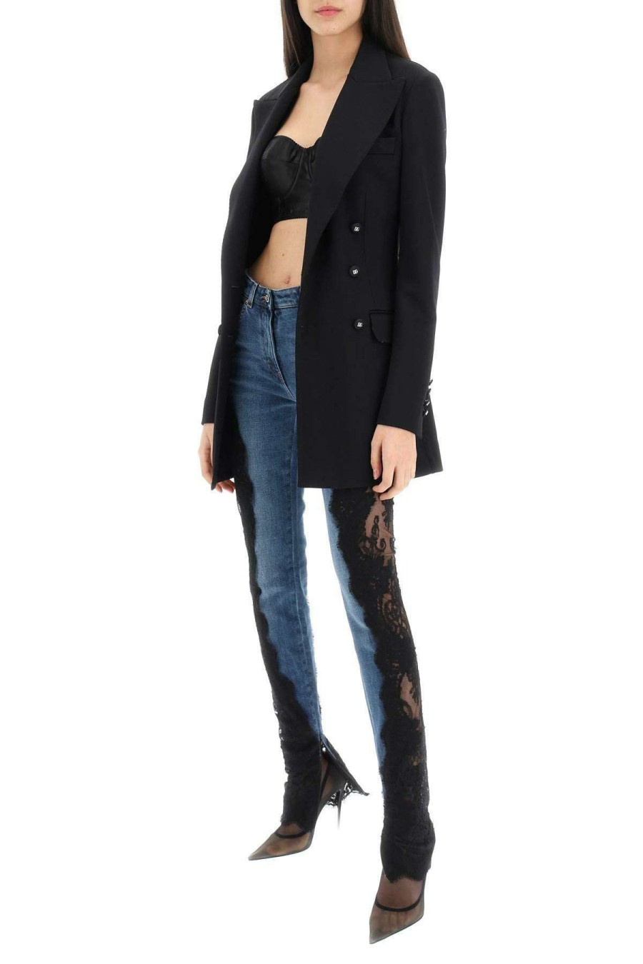 Women * | Slim Fit Jeans With Lace Inserts Dolce & Gabbana Top Selling Blue/Black