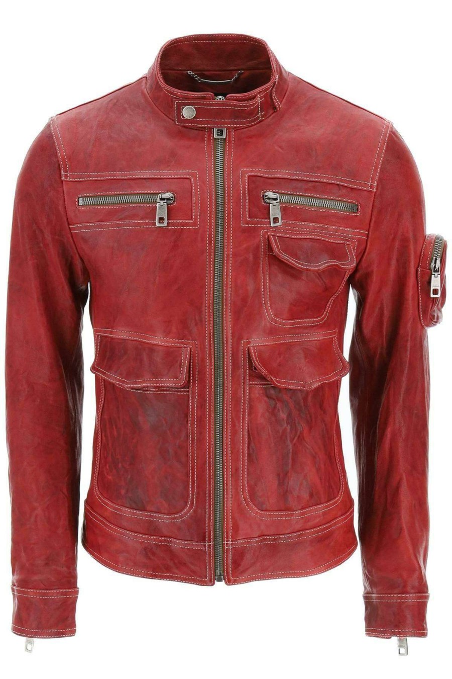 Men * | Multipocket Washed Leather Jacket Dolce & Gabbana Bargain Sale Red