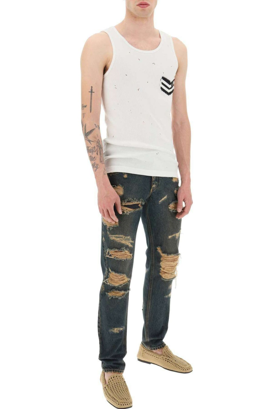 Men * | Distressed Rib Tank Top With Patch Dolce & Gabbana Large Choice White