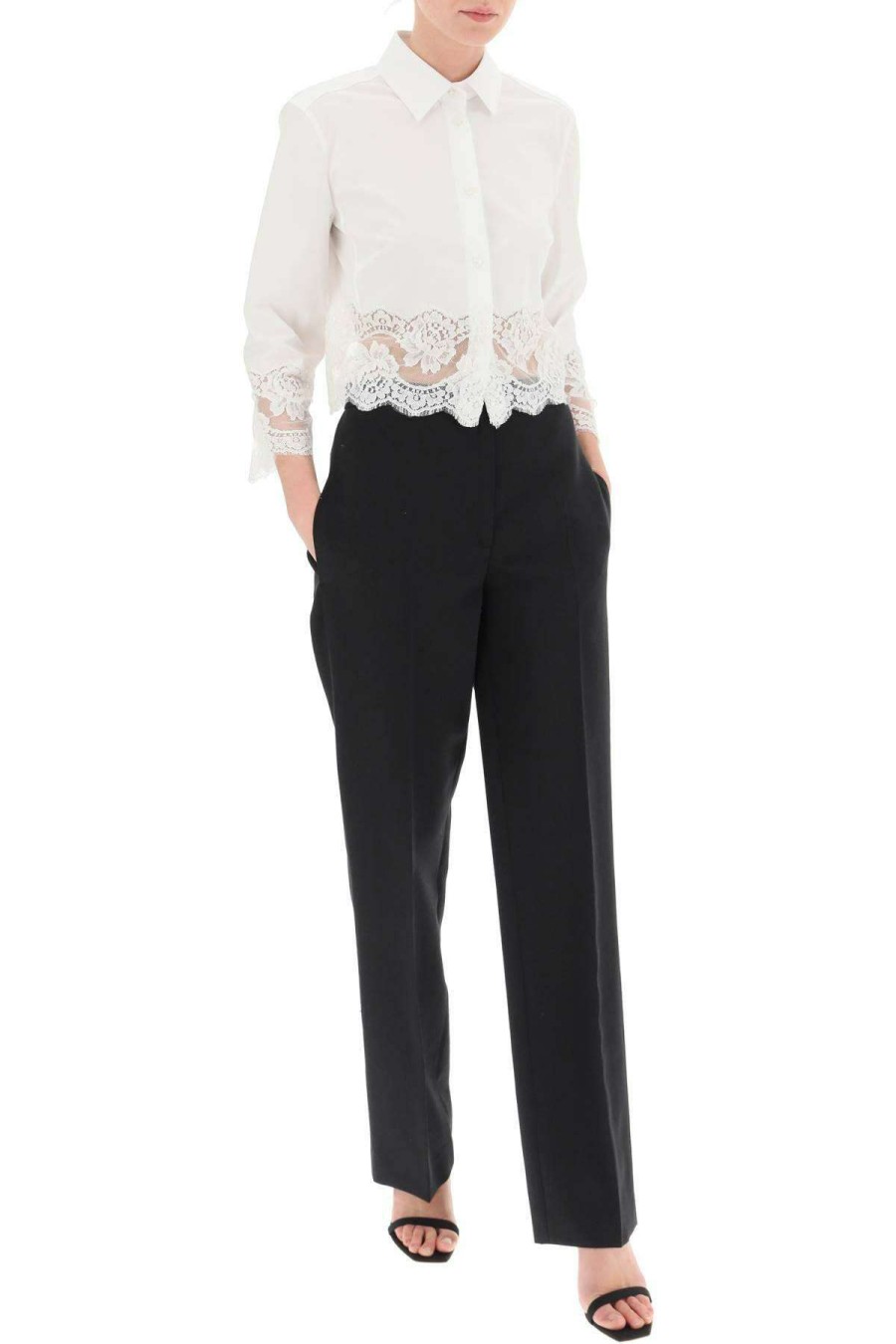 Women * | Cropped Shirt With Lace Trimming Dolce & Gabbana New Threads White