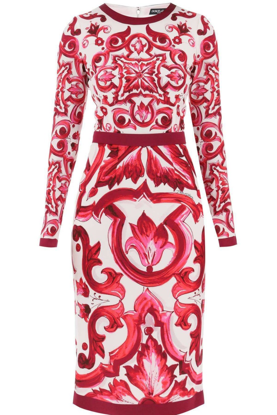 Women * | Midi Silk Dress With Maiolica Motif Dolce & Gabbana Original White/Fuchsia