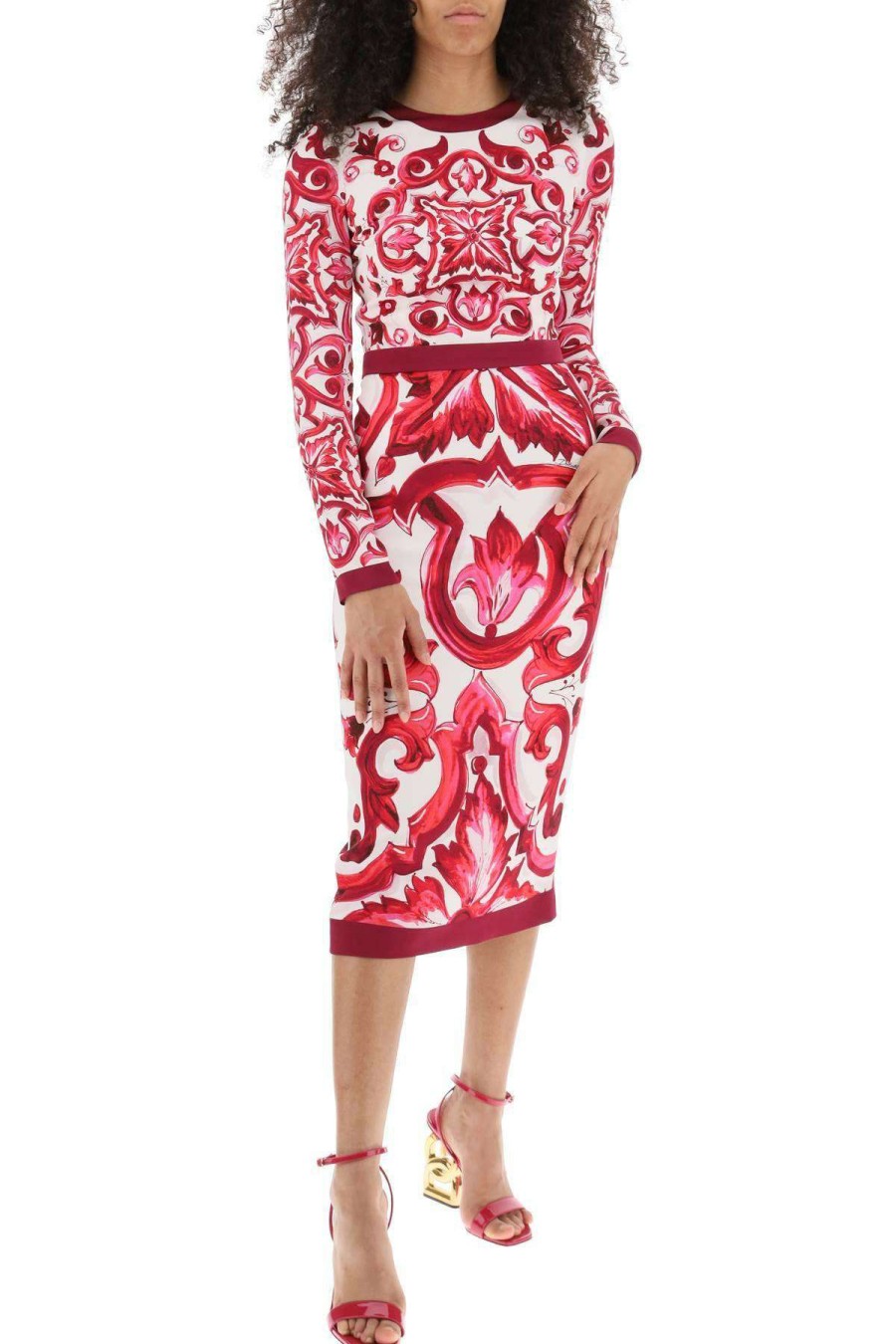 Women * | Midi Silk Dress With Maiolica Motif Dolce & Gabbana Original White/Fuchsia