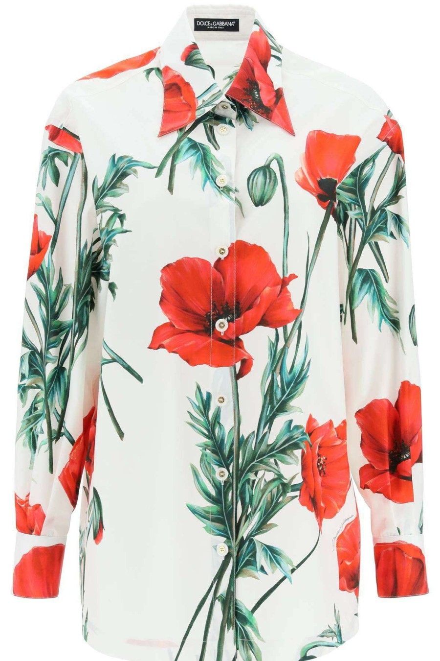 Women * | Poppy Print Poplin Shirt Dolce & Gabbana Hot Selling White/Red/Green