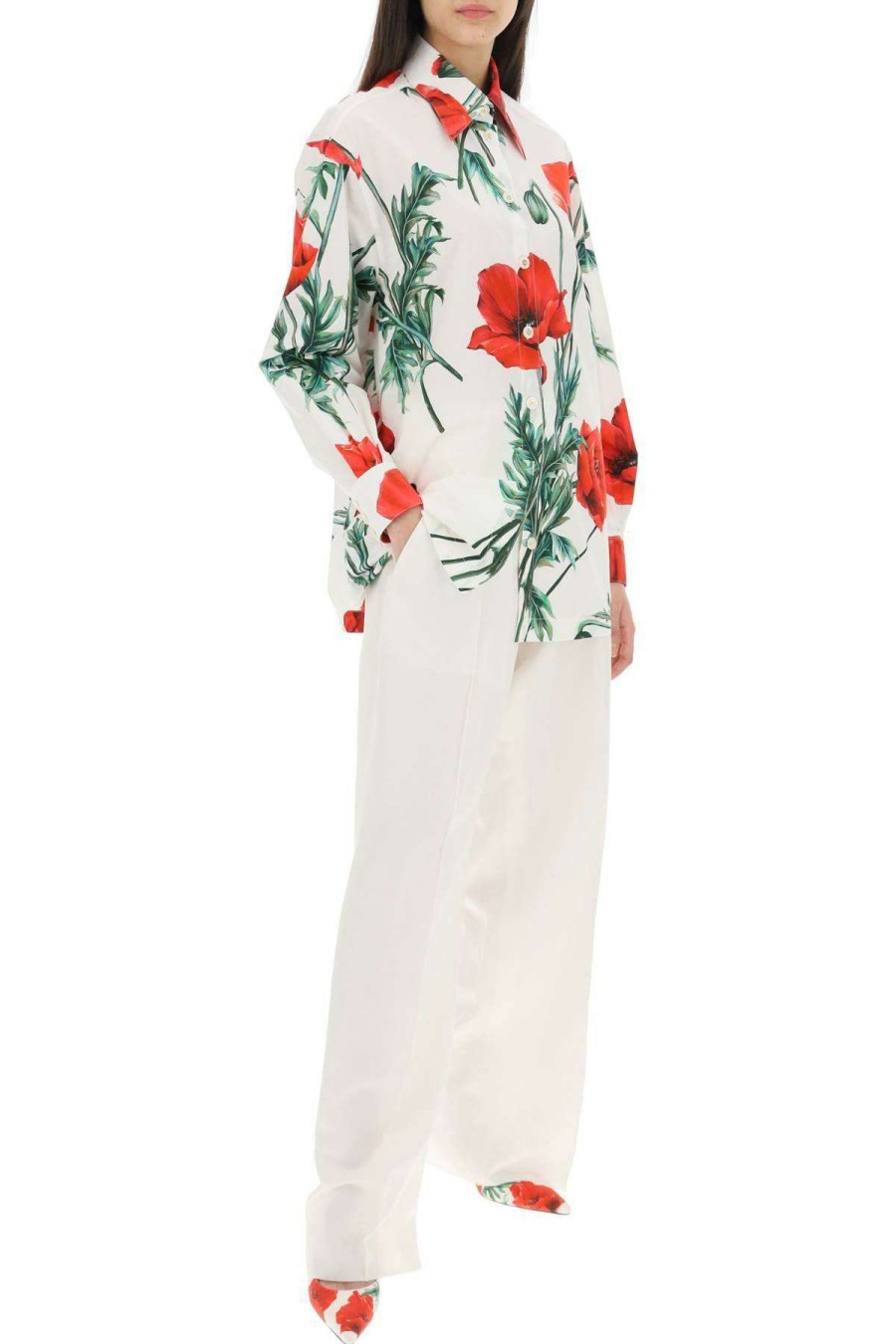 Women * | Poppy Print Poplin Shirt Dolce & Gabbana Hot Selling White/Red/Green