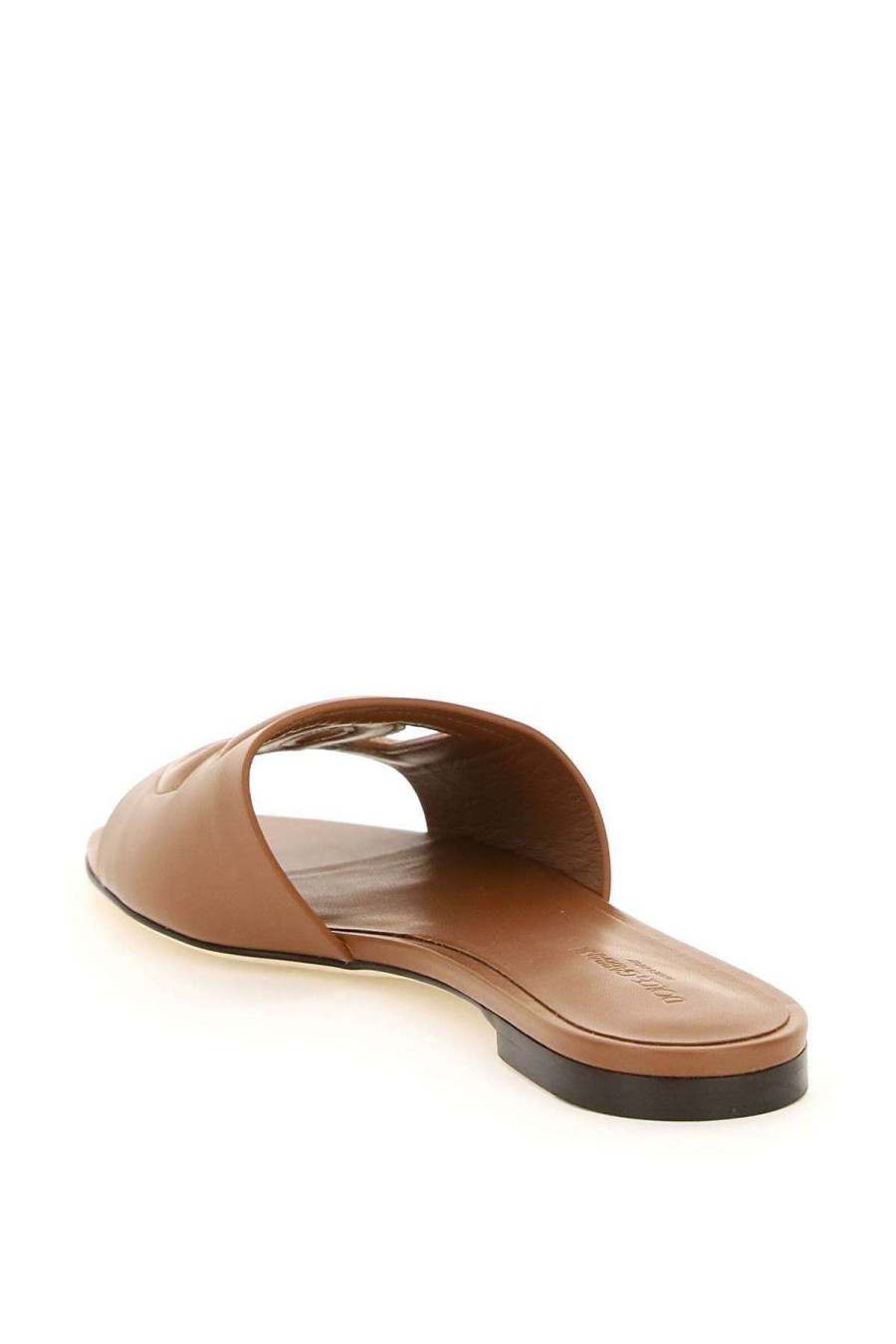 Women * | Leather Sliders With Logo Dolce & Gabbana Bargain Sale Brown